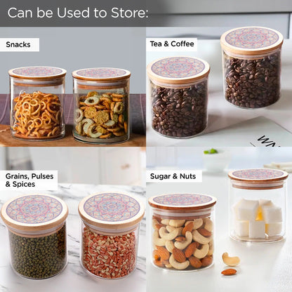 UMAI Pack of 6 Glass Kitchen Containers 300ml | Airtight | Printed Bamboo Lids