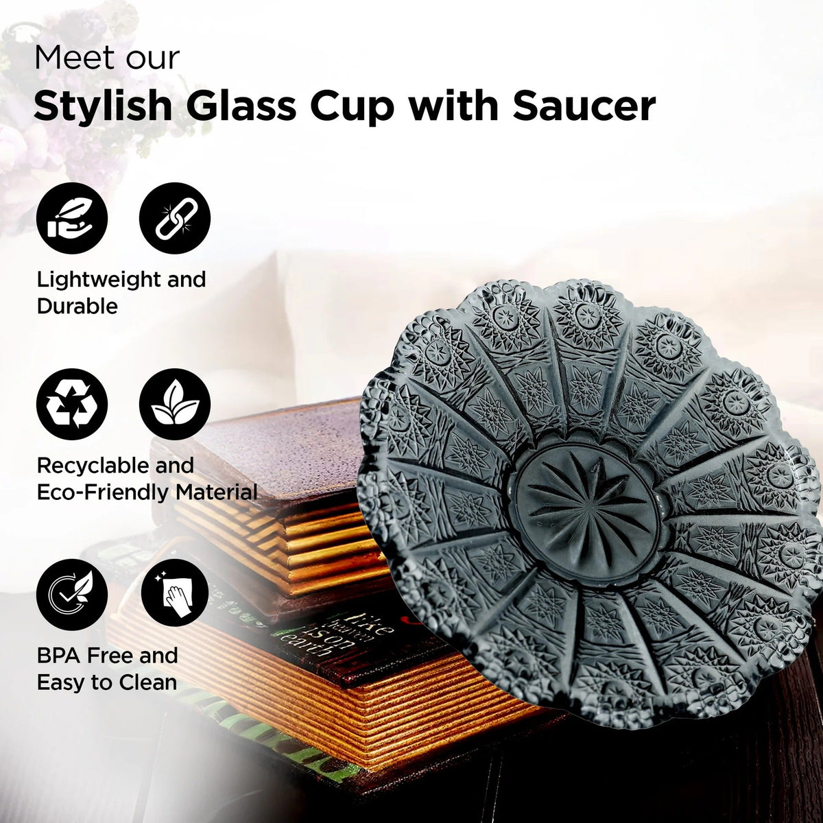 UMAI Glass Cup with Saucer (280ml) Set of 2 | Elegant | Transparent