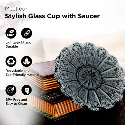 UMAI Glass Cup with Saucer (280ml) Set of 2 | Elegant | Transparent