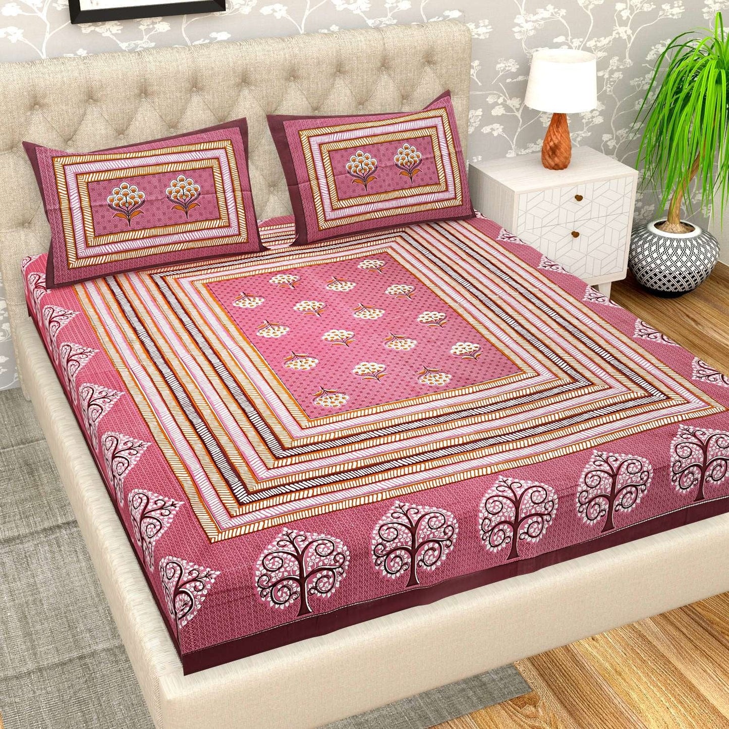 100% Pure Cotton Traditional Printed Bedsheet for Double Bed King Size Bedsheet with 2 Pillow Covers