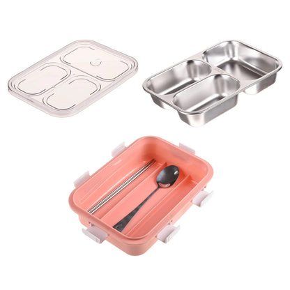 Kuber Industries SS 3-Compartment Lunch Box | Chopstick & Spoon | Leak-Proof | SUS304 | Pink