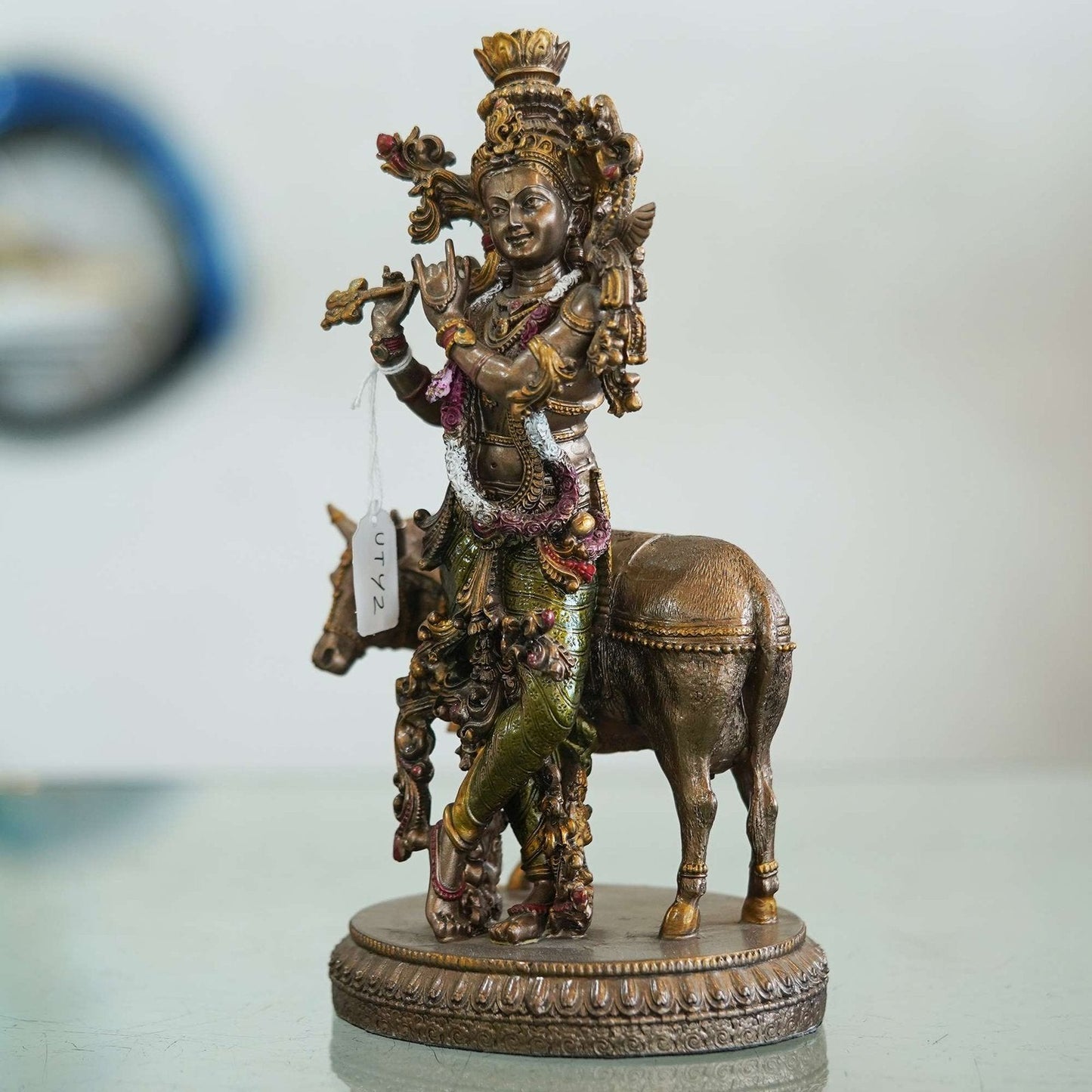 Veronese Design Krishna Playing Flute with Cow Statue