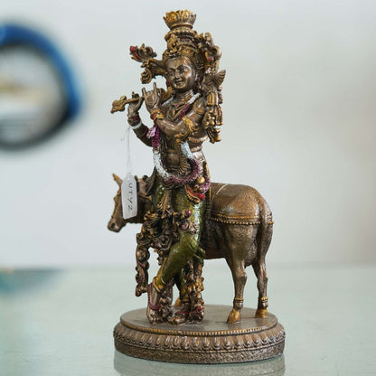 Veronese Design Krishna Playing Flute with Cow Statue