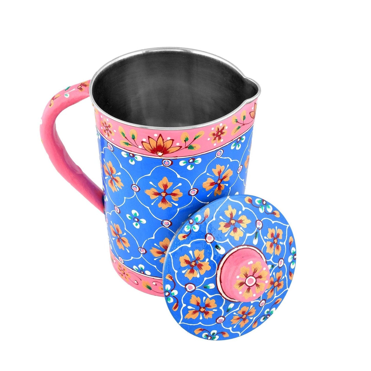 Aluminium Jug Hand-Painted Floral Enamel Jug Blue & Pink - 21 cm
