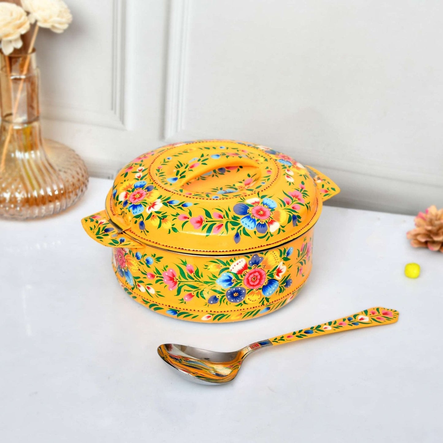 Premium Hand-Painted Yellow Aluminium Hot Case Casserole with Floral Design