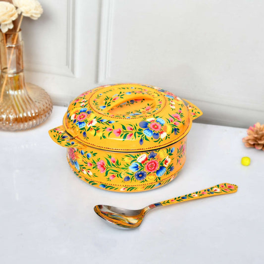 Premium Hand-Painted Yellow Aluminium Hot Case Casserole with Floral Design