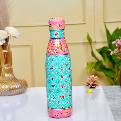 Premium Hand-Painted Pink & Teal Aluminium Water Bottle Flask with Floral Design