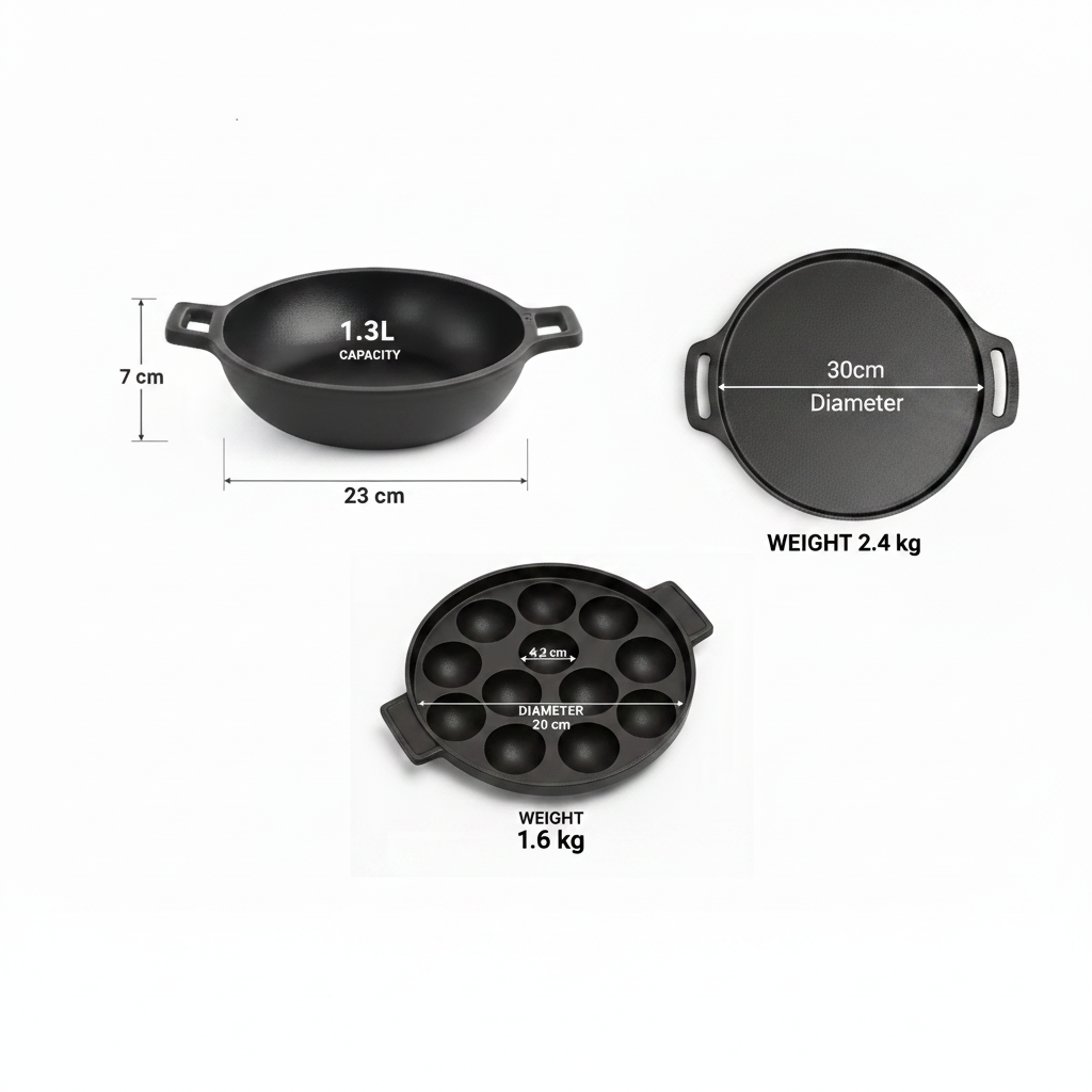 Human Hydro Cast Iron Cookware Set — 12-Pit Paniyaram Pan with Lid + 30cm Dosa Tawa + 23cm Kadai Pre-Seasoned