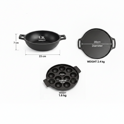 Human Hydro Cast Iron Cookware Set — 12-Pit Paniyaram Pan with Lid + 30cm Dosa Tawa + 23cm Kadai Pre-Seasoned