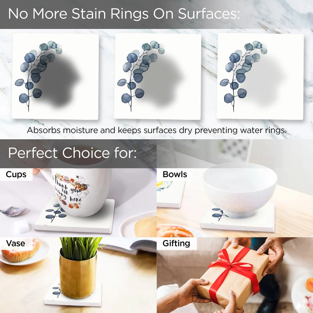 UMAI Diatomite Coasters Set of 6 with Holder 10cm White Dining Table Absorbent Heat Resistant