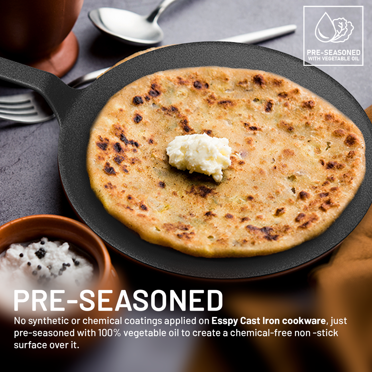 Esspy Pre-Seasoned Cast Iron Roti, Chapati Tawa, Iron Tawa Pan, Cast Iron Cookware With Silicon Handle