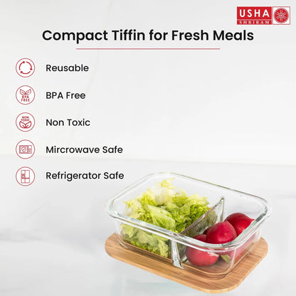 USHA SHRIRAM Borosilicate Glass Tiffin Box 980ml | Bamboo Lid | Leak-Proof | Glass Lunch Box