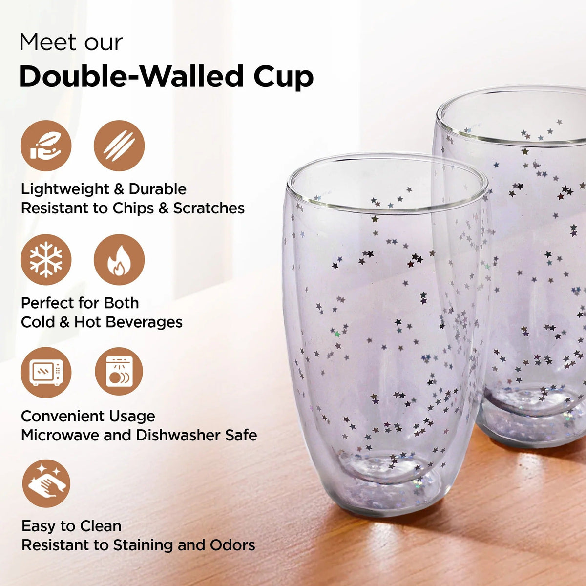 UMAI Double Wall Borosilicate Glass Coffee Mugs Set of 2 (450ml) | Starry Design | Transparent