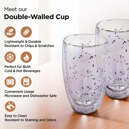 UMAI Double Wall Borosilicate Glass Coffee Mugs Set of 2 (450ml) | Starry Design | Transparent
