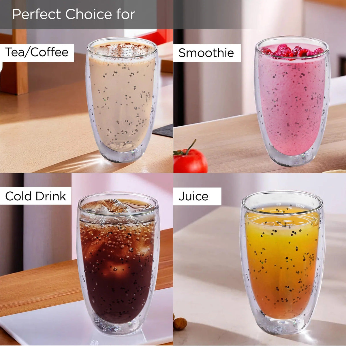 UMAI Double Wall Borosilicate Glass Coffee Mugs Set of 2 (450ml) | Starry Design | Transparent