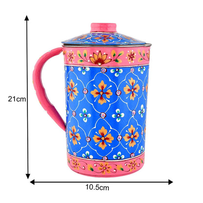 Aluminium Jug Hand-Painted Floral Enamel Jug Blue & Pink - 21 cm