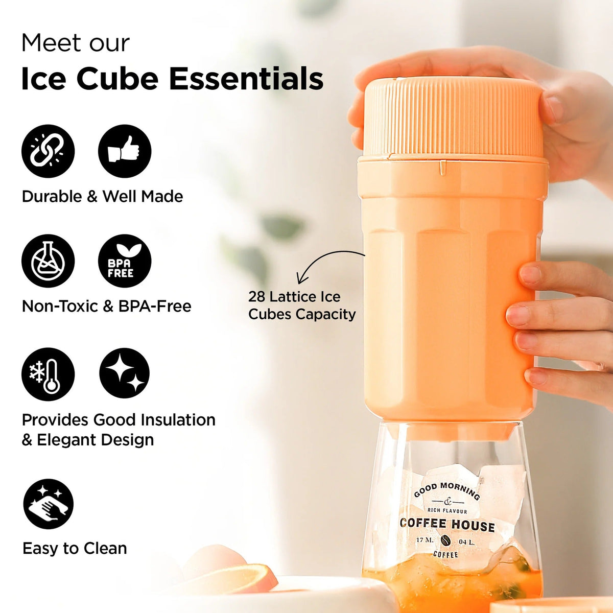 UMAI Combo: Twisting Ice Cup & 3 Silicone Ice Cube Trays | Orange | 58 Ice Cubes