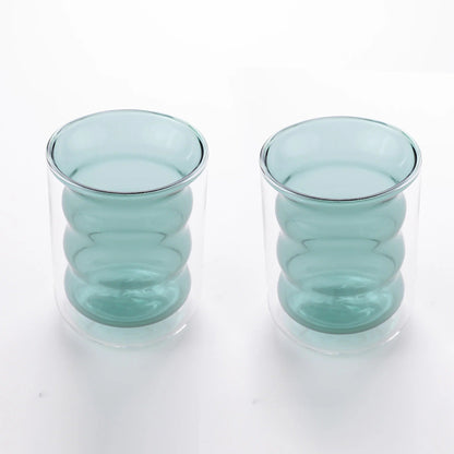 UMAI Double Wall Borosilicate Glass Coffee Mugs Set of 2 (200ml) | Curvy | Green