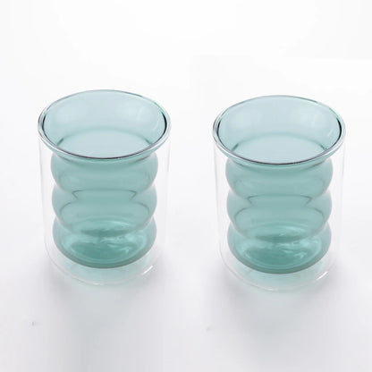 UMAI Double Wall Borosilicate Glass Coffee Mugs Set of 2 (200ml) | Curvy | Green
