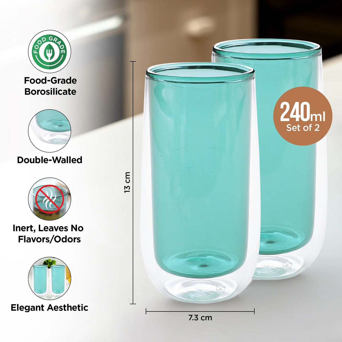 UMAI Double Wall Borosilicate Glass Coffee Mug Set of 2 (240ml) | Green