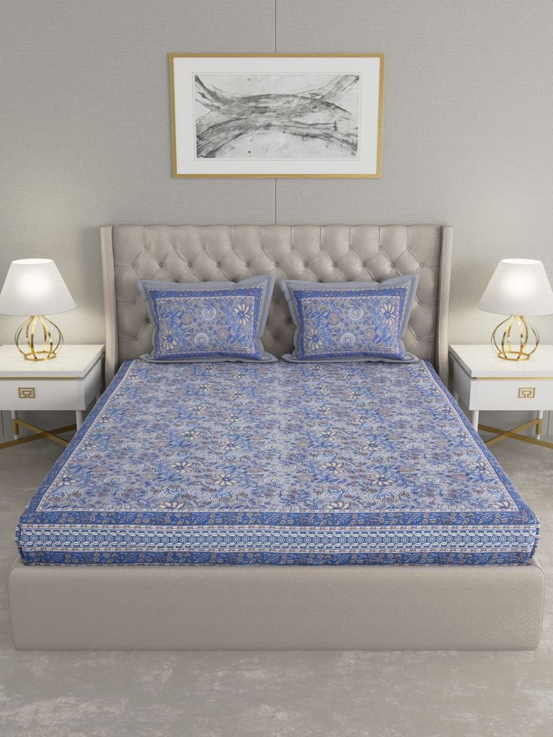 100% Pure Cotton Traditional Printed Bedsheet for Double Bed King Size Bedsheet with 2 Pillow Covers