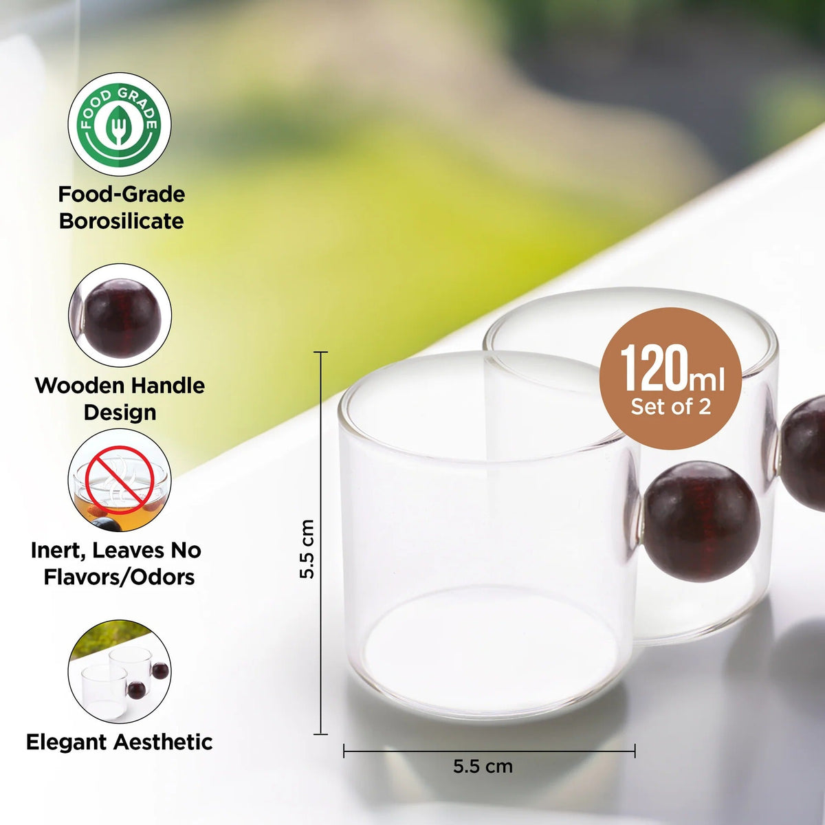 UMAI Pack of 2: Borosilicate Glass Coffee Mugs with Wooden Handle | 120ml | Transparent