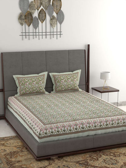 100% Pure Cotton Traditional Printed Bedsheet for Double Bed King Size Bedsheet with 2 Pillow Covers