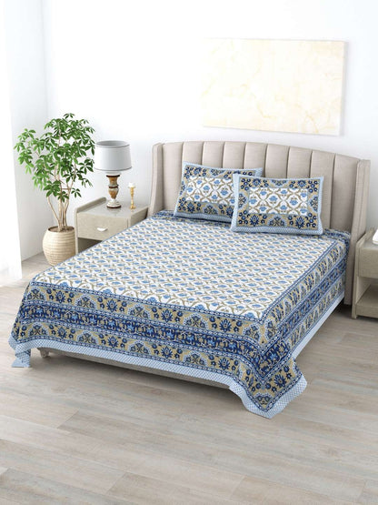 100% Pure Cotton Traditional Printed Bedsheet for Double Bed King Size Bedsheet with 2 Pillow Covers