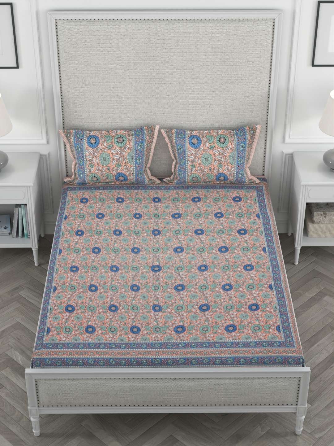 100% Pure Cotton Traditional Printed Bedsheet for Double Bed King Size Bedsheet with 2 Pillow Covers