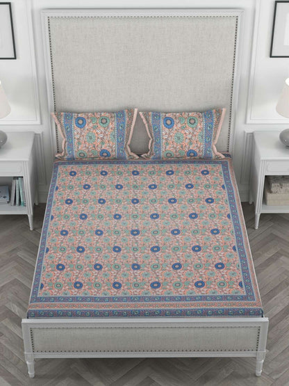100% Pure Cotton Traditional Printed Bedsheet for Double Bed King Size Bedsheet with 2 Pillow Covers