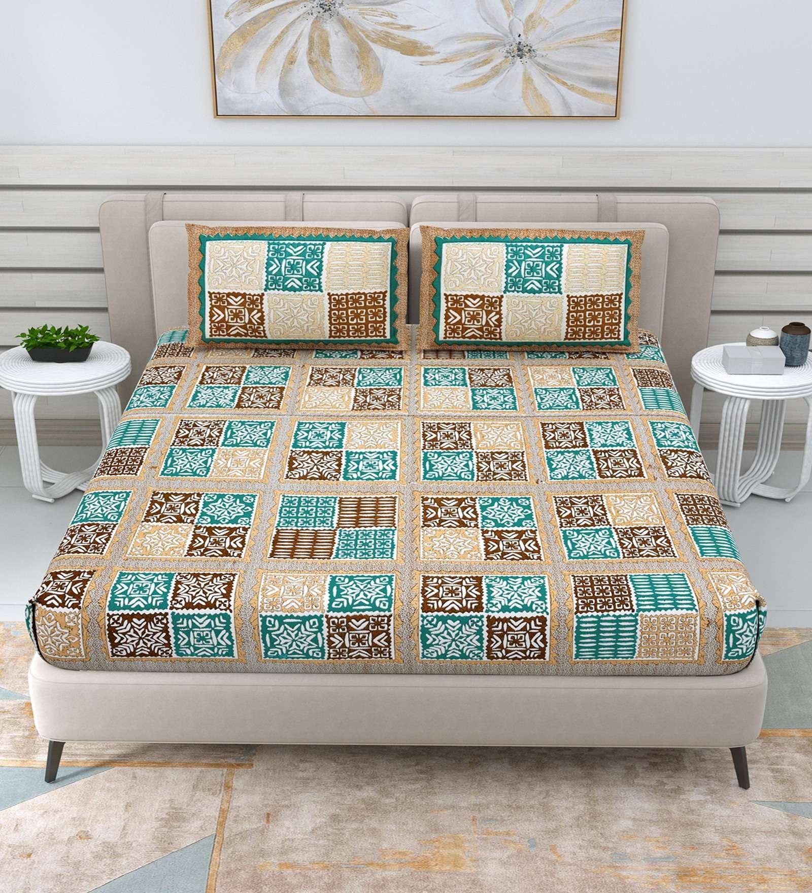 100% Pure Cotton Traditional Printed Bedsheet for Double Bed King Size Bedsheet with 2 Pillow Covers