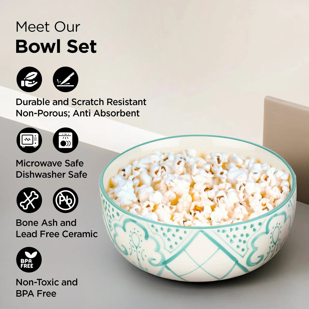 USHA SHRIRAM Ceramic Bowl for Snack Dinner 4pcs (1400ml 300ml 260ml 120ml) Ramen Soup Microwave Safe Mixed Sizes