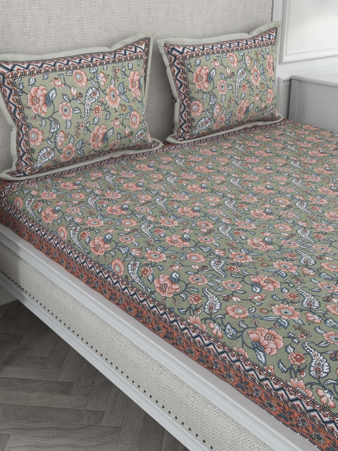 100% Pure Cotton Traditional Printed Bedsheet for Double Bed King Size Bedsheet with 2 Pillow Covers