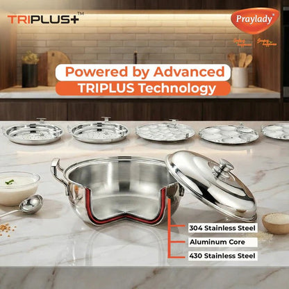 PrayLady Triplus Pro Mini Multi Kadai 21cm Idli Pot Dhokla Momo Steamer 10 Idlis 2 Idli Plates 1 Dhokla Plate 1 Steamer Plate
