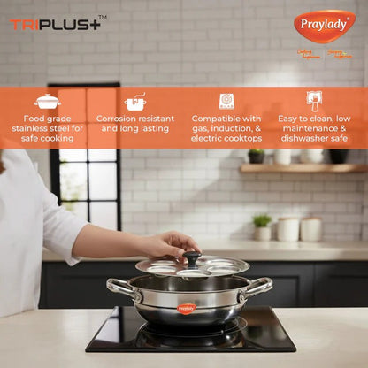 PrayLady Triplus Pro Mini Multi Kadai 21cm Idli Pot Dhokla Momo Steamer 10 Idlis 2 Idli Plates 1 Dhokla Plate 1 Steamer Plate