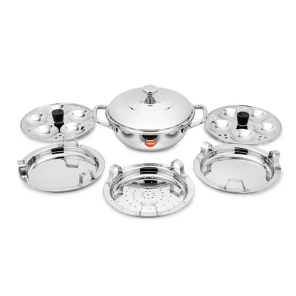 PrayLady Triplus Pro Mini Multi Kadai 21cm Idli Pot Dhokla Momo Steamer 10 Idlis 2 Idli Plates 1 Dhokla Plate 1 Steamer Plate