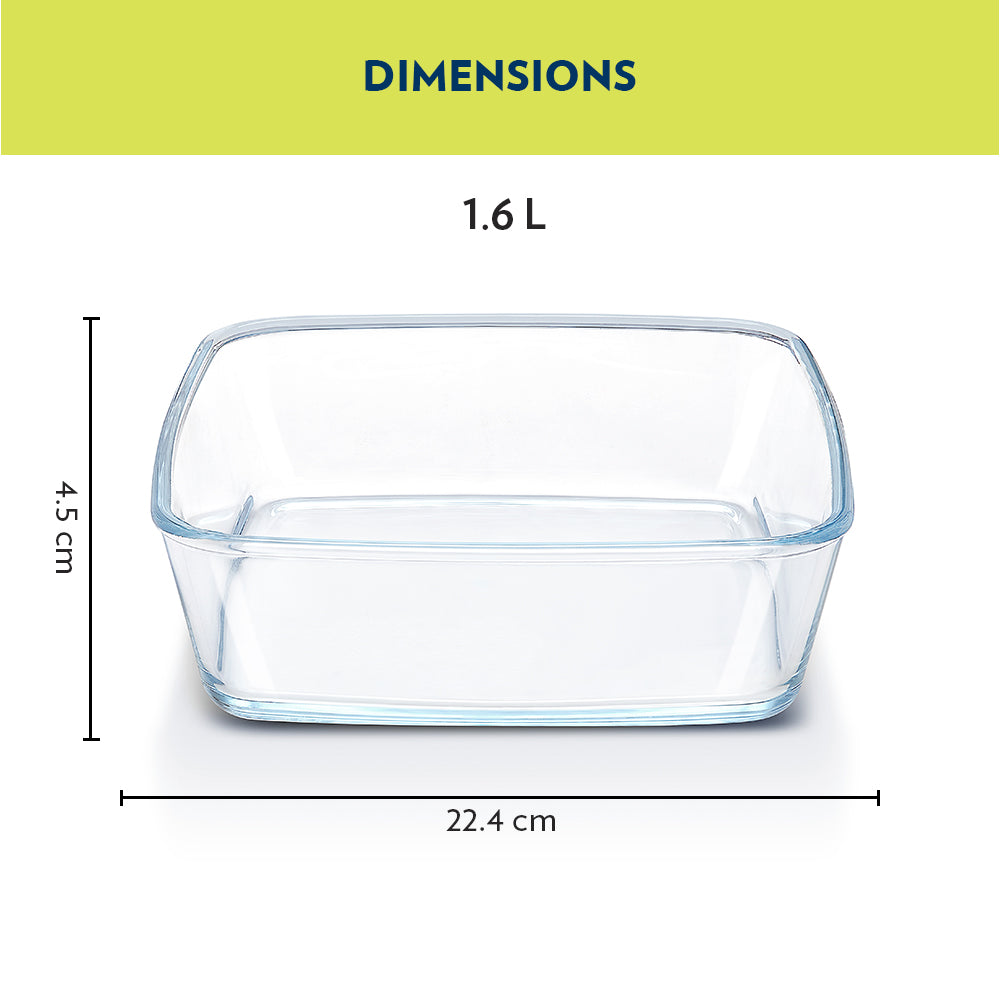 Borosil Square Glass Baking Dish With Lid | 1.6 L | Microwave Safe & Oven Safe | Transparent