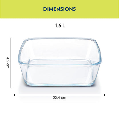 Borosil Square Glass Baking Dish With Lid | 1.6 L | Microwave Safe & Oven Safe | Transparent
