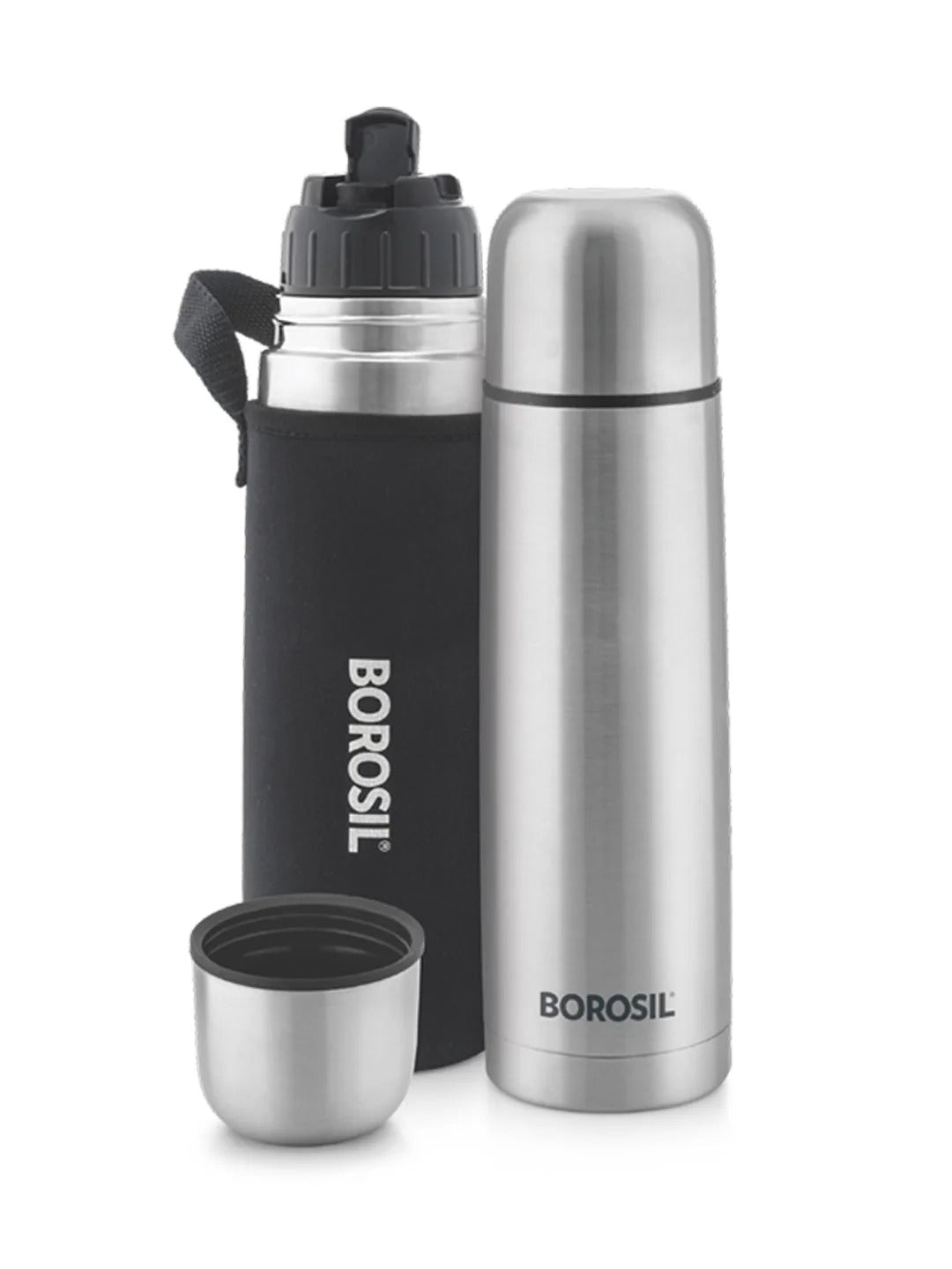 Borosil Hydra Thermo Flask Steel Water Bottle Black 1L