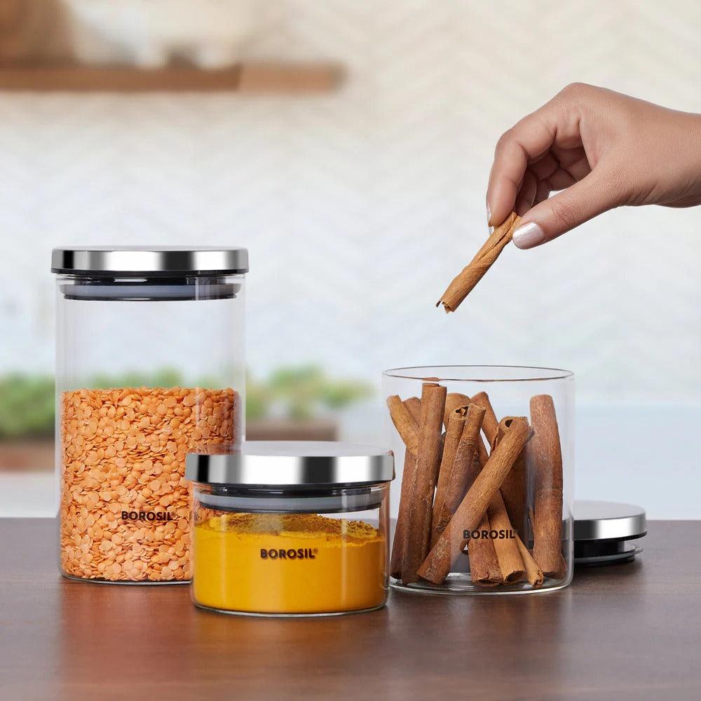 Borosil Classic Airtight Glass Storage Jar Set of 3