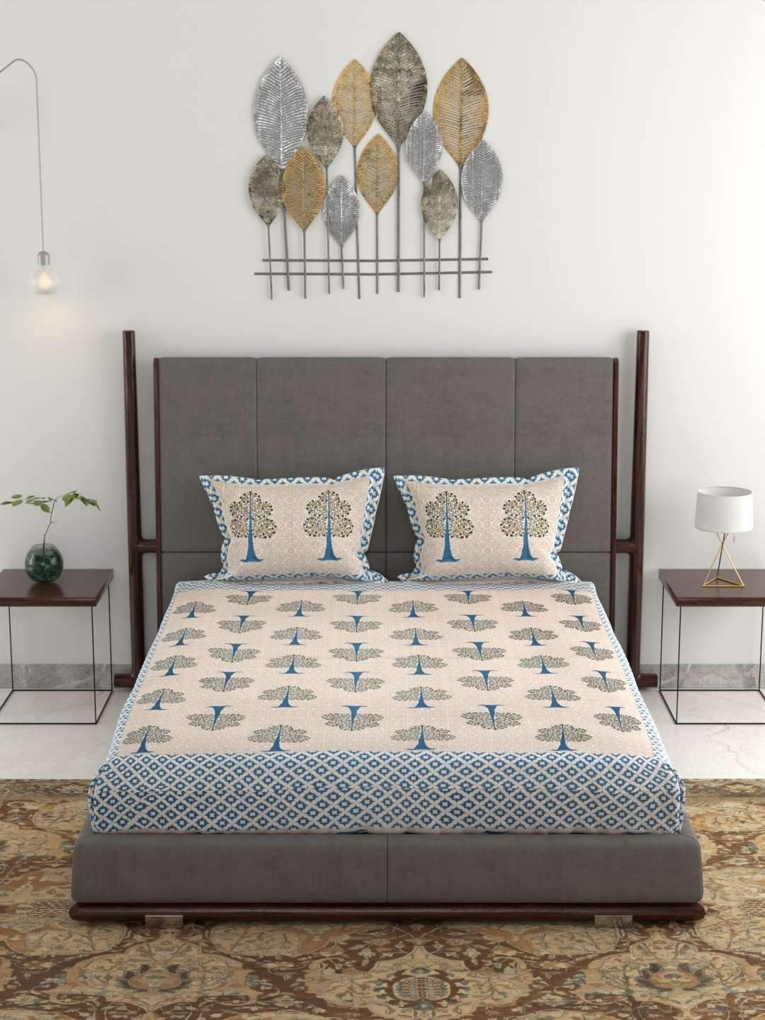 100% Pure Cotton Traditional Printed Bedsheet for Double Bed King Size Bedsheet with 2 Pillow Covers