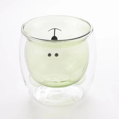 Kuber Industries 6 Pcs Cute Teddy Bear Borosilicate Double Wall Glass Cups 250ml | Pack of 3 | Green
