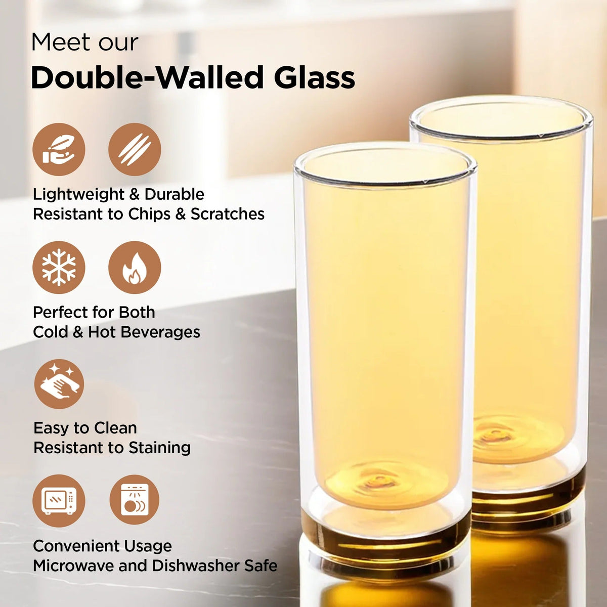 UMAI Pack of 2: Double Wall Borosilicate Glass Coffee Mugs | 250ml | Yellow