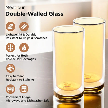 UMAI Pack of 2: Double Wall Borosilicate Glass Coffee Mugs | 250ml | Yellow