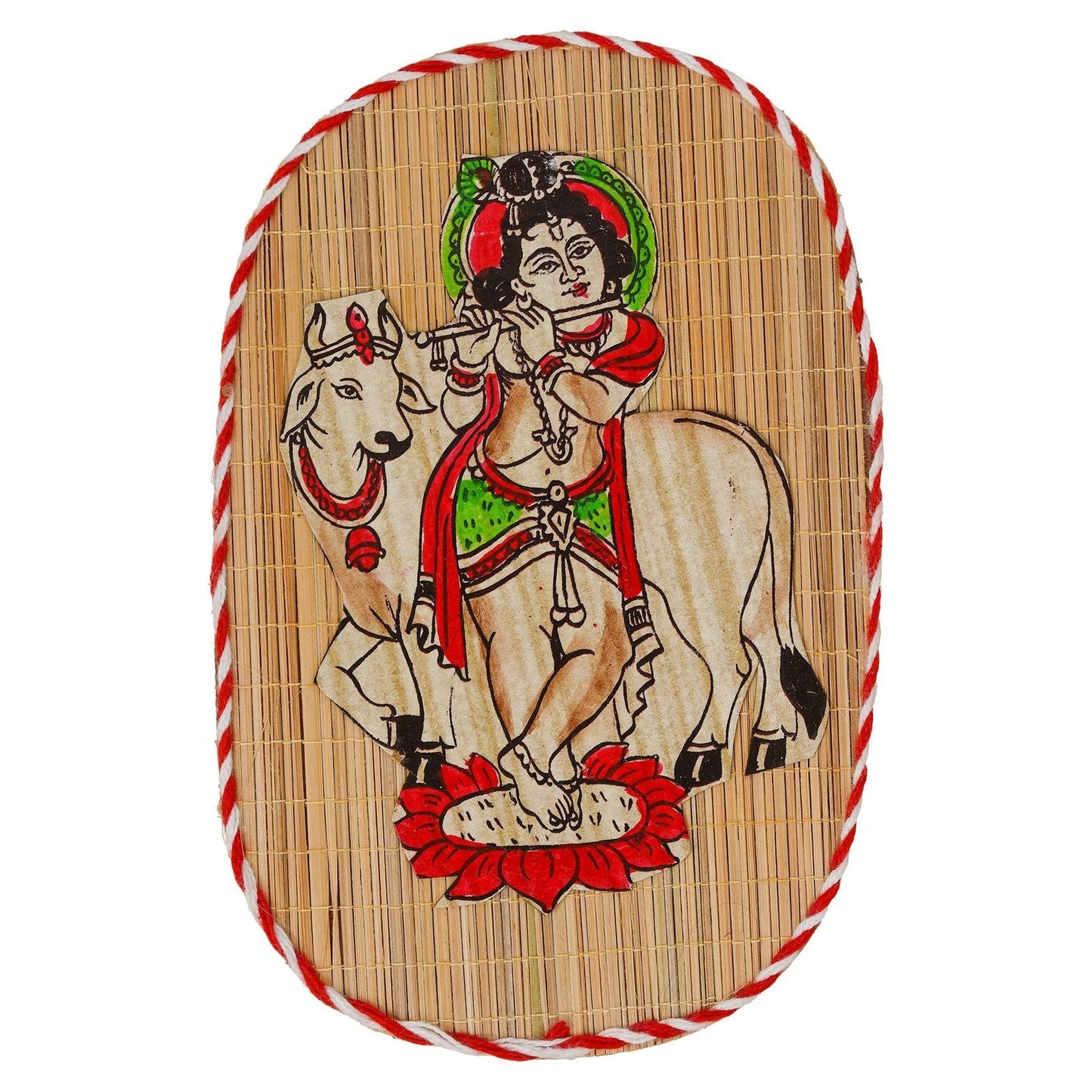 Oval Shaped Design Bamboo Hand Crafted Wall Hangings Of Bal Gopal With Holy Cow For Home D’cor | Bamboo Art For Wall Decor