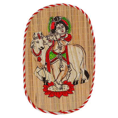 Oval Shaped Design Bamboo Hand Crafted Wall Hangings Of Bal Gopal With Holy Cow For Home D’cor | Bamboo Art For Wall Decor