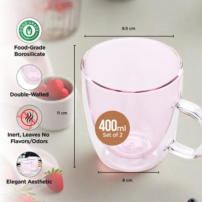 UMAI Double Walled Glass Coffee Mug Set of 2 (400ml) | Pink