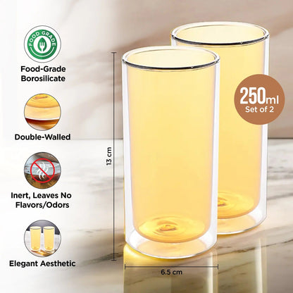 UMAI Pack of 2: Double Wall Borosilicate Glass Coffee Mugs | 250ml | Yellow