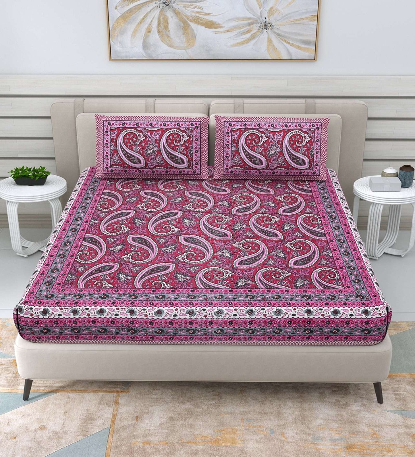 100% Pure Cotton Traditional Printed Bedsheet for Double Bed King Size Bedsheet with 2 Pillow Covers