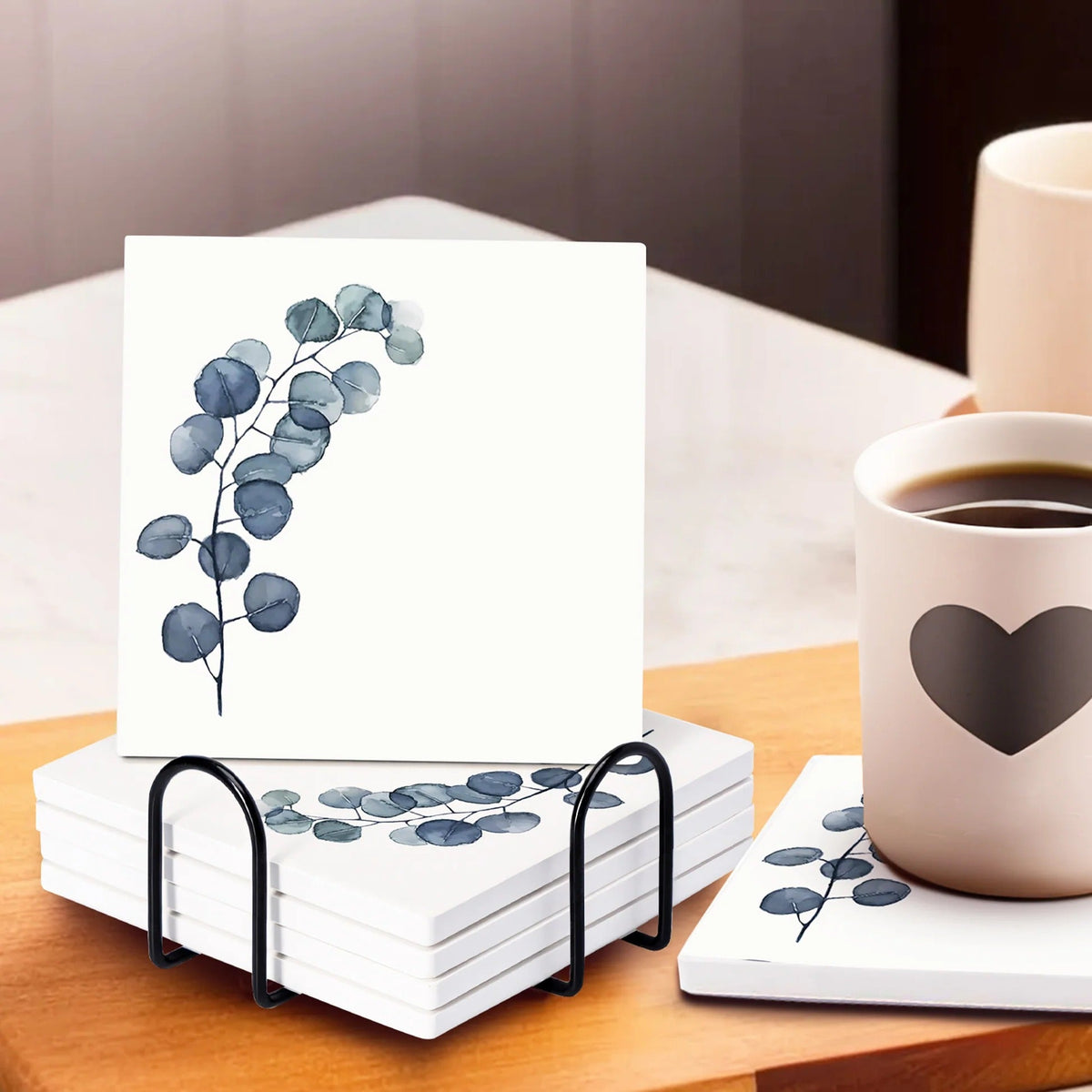 UMAI Diatomite Coasters Set of 6 with Holder 10cm 8mm Thick White Dining Table Absorbent